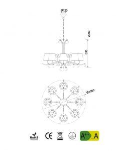 Medidas lámpara colgante 8 luces cromo ANDREA