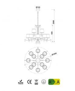 Medidas lámpara de techo 12 luces cromo ANDREA