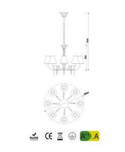 Medidas lámpara de techo 8 luces plata PAOLA