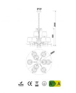Medidas lámpara de techo 9 luces cromo ANDREA
