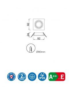 Medidas empotrable cuadrado 9,2 cm BASICO GU10