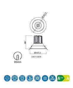 Medidas empotrable LED luz cálida 12W 10,7 cm Ø FORMENTERA