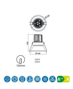 Medidas empotrable luz neutra 12W 10,8 cm Ø FORMENTERA LED