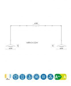 Lámpara 2 luces negra cuero y latón 16W ORION LED medidas