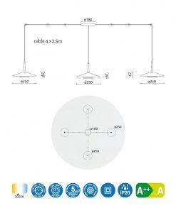 Lámpara 4 luces negra cuero y latón 32W ORION LED medidas