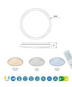 Plafón blanco dimable 24W Ø 40 cm NAXOS medidas