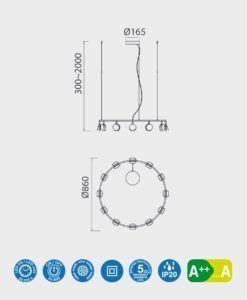 Lámpara 86 cm Ø acabado oro SHELL LED medidas