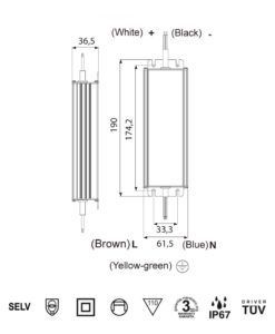 Driver exterior IP67 150W tensión constante 24VDC medidas