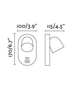 Lámpara aplique para dormitorio negro con USB CORB medidas