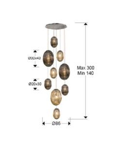 Lámpara colgante 9 luces tonos smoke y coñac OVILA medidas