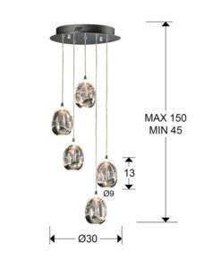 Colgante 5 luces LED cromo ROCÍO dimable medidas
