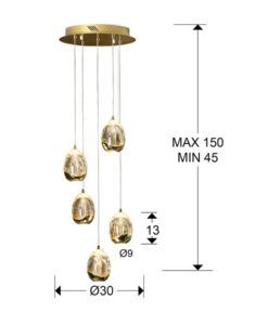 Colgante 5 luces LED oro ROCÍO dimable medidas