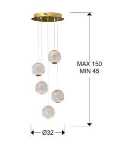 Lámpara colgante 5 luces LED 32cm Ø oro AUSTRAL medidas