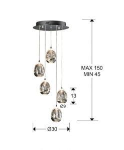 Lámpara colgante 5 luces LED dimable ROCÍO medidas