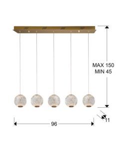 Lámpara lineal colgante 5 luces LED oro AUSTRAL medidas