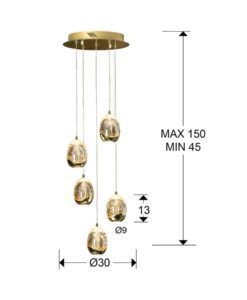 Lámpara techo 5 luces LED oro ROCÍO dimable medidas
