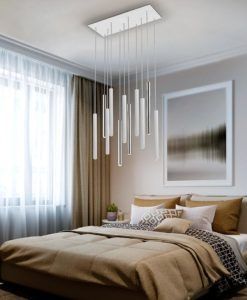 Colgante 11 luces LED dimable cromo y blanco mate VARAS ambiente