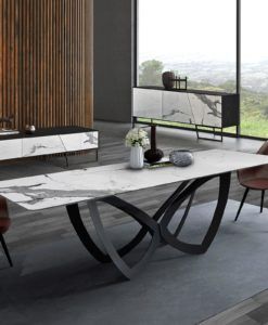 Mesa comedor FORMAS blanco y negra 180 cm ancho ambiente 2