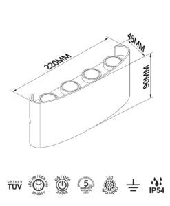Aplique exterior arena LED 8W luz cálida ARCS medidas