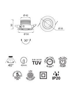 Empotrable LED 3W 2700K luz cálida NEPTUNO medidas