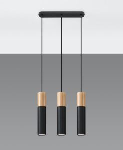 Lampara 3 luces negra y madera PABLO detalles