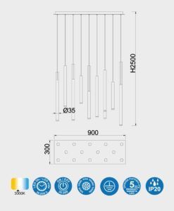 Lámpara lineal colgantes multicolor 14 luces CALA LED 84W medidas