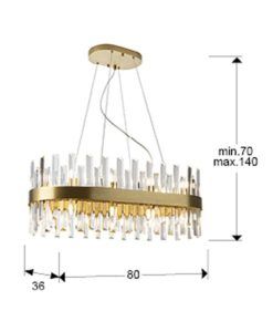 Lámpara ovalada dorada y cristal 20 luces 80 cm GRACE medidas