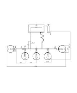 Lámpara lineal dorada y cristal 5 luces ERICH medidas