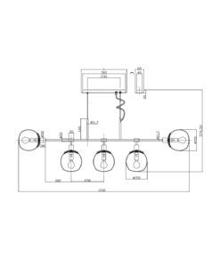 Lámpara lineal níquel y cristal 5 luces ERICH medidas