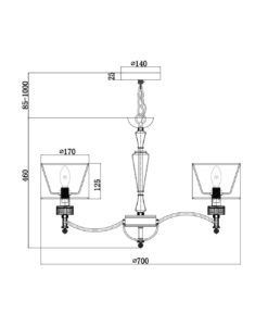 Lámpara níquel y cristal 6 luces Ø 70 cm ALICANTE medidas