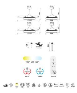 Plafón ventilador aspas desplegables COIN LED medidas