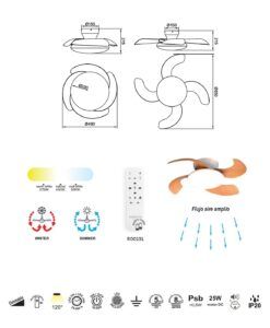 Plafón ventilador aspas desplegables ALOHA LED medidas