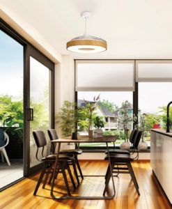 Plafón ventilador aspas desplegables símil madera COIN LED ambiente