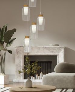 Lámpara lineal de cristal y madera 3 luces NORA ambiente