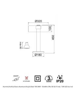 Lámpara de mesa Ø 32 cm H 45 cm GIN medidas