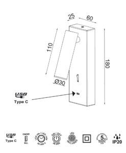 Aplique lector con USB 3W luz cálida TARIFA III LED medidas