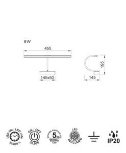 Aplique negro 8W luz cálida 3000K 45 cm PARACURU LED medidas