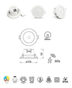 Empotrable con sensor 8W con CCT Ø 10,5 cm YUCATAN LED - Medidas