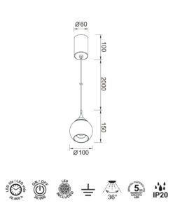 Lámpara negra perla 7W 3000K Ø 10 cm DROP LED medidas