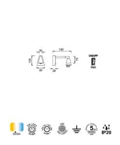 Aplique pared negro con interruptor 5W AFRICA LED medidas