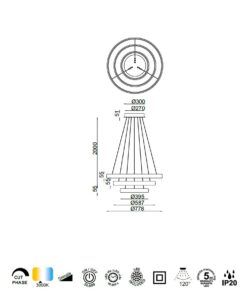 Lámpara 3 aros 122W Ø 77 más 58 y 39 cm FLATS LED medidas