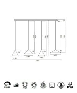 Lámpara 4 luces 20W CONO LED medidas