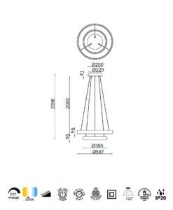 Lámpara blanca 2 aros 70W Ø 58 y 39 cm FLATS LED medidas