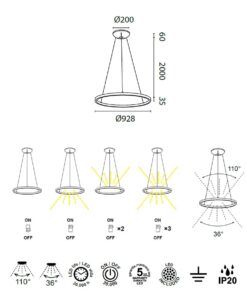 Lámpara 60 + 20W Ø 92 cm RIUMAR LED medidas
