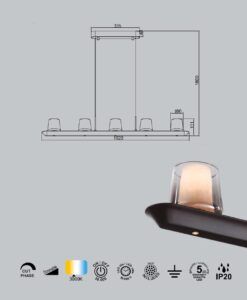 Lámpara color ceniza 5 luces 55W ALABASTRO LED medidas