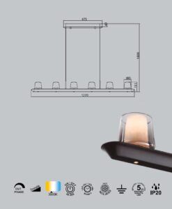 Lámpara color ceniza 6 luces 62W ALABASTRO LED medidas