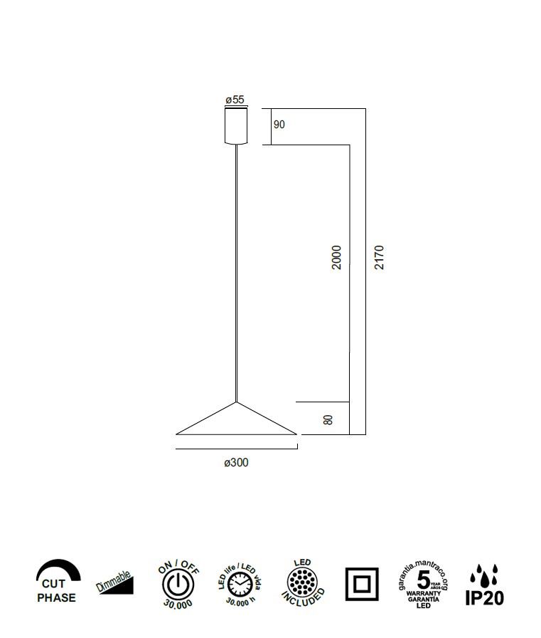 Lámpara color negro 10W Ø 30 cm CONO LED medidas