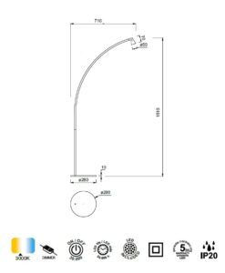 Lámpara de pie negra 5W 150 cm altura AFRICA LED medidas
