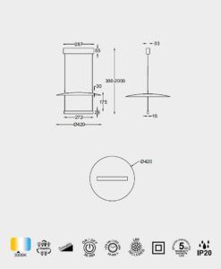Lámpara negra 23W Ø 42 cm SUN II LED medidas