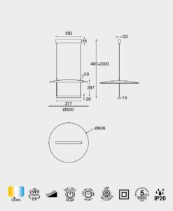 Lámpara negra 30W Ø 60 cm SUN II LED medidas